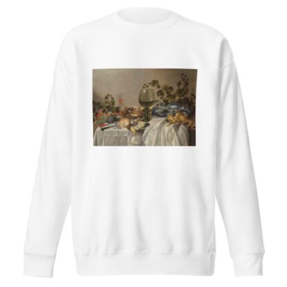Ontbijt of silver and glassware on a draped table, with vines, fruits and baked goods by Pieter Claesz Sweatshirt