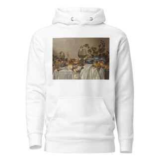 Ontbijt of silver and glassware on a draped table, with vines, fruits and baked goods by Pieter Claesz Hoodie