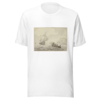 Bewegte See, links segelt ein großes Schiff, rechts ein Ruderboot mit vier Mann by Wigerus Vitringa T-Shirt
