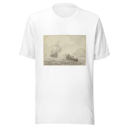 Bewegte See, links segelt ein großes Schiff, rechts ein Ruderboot mit vier Mann by Wigerus Vitringa T-Shirt