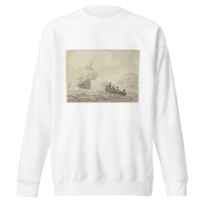 Bewegte See, links segelt ein großes Schiff, rechts ein Ruderboot mit vier Mann by Wigerus Vitringa Sweatshirt
