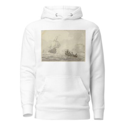 Bewegte See, links segelt ein großes Schiff, rechts ein Ruderboot mit vier Mann by Wigerus Vitringa Hoodie