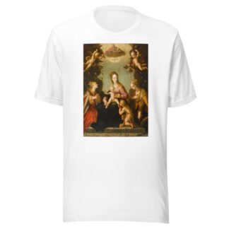 Madonna and Child with the infant Saint John the Baptist, Saint Catherine of Alexandria, another female martyr saint, and God the Father by Pieter Fransz. Isaacsz. T-Shirt