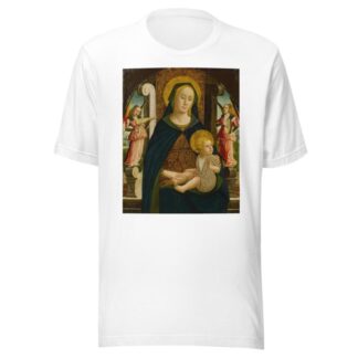 Madonna and Child enthroned with two angels by Giovanni Mazone T-Shirt