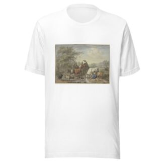 Hirten fahren mit einem Wagen durchs Wasser, rechts eine Hirtin, die sich die Füße wäscht, bei einer weißen Kuh by Aert Schouman T-Shirt
