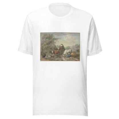 Hirten fahren mit einem Wagen durchs Wasser, rechts eine Hirtin, die sich die Füße wäscht, bei einer weißen Kuh by Aert Schouman T-Shirt