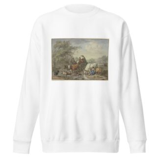 Hirten fahren mit einem Wagen durchs Wasser, rechts eine Hirtin, die sich die Füße wäscht, bei einer weißen Kuh by Aert Schouman Sweatshirt