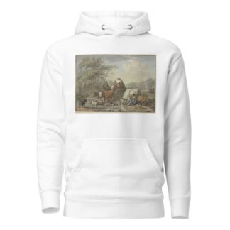 Hirten fahren mit einem Wagen durchs Wasser, rechts eine Hirtin, die sich die Füße wäscht, bei einer weißen Kuh by Aert Schouman Hoodie