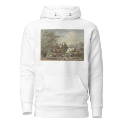 Hirten fahren mit einem Wagen durchs Wasser, rechts eine Hirtin, die sich die Füße wäscht, bei einer weißen Kuh by Aert Schouman Hoodie