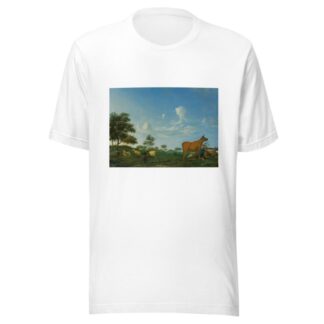 A cow, sheep and goats in a meadow with a shepherd asleep by Adriaen van de Velde T-Shirt