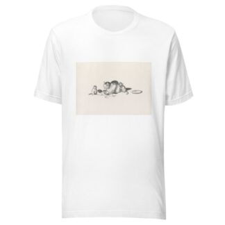Domestic cat napping with three playful kittens and a saucer on the right by Gottfried Mind T-Shirt