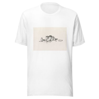 Domestic cat napping with three playful kittens and a saucer on the right by Gottfried Mind T-Shirt