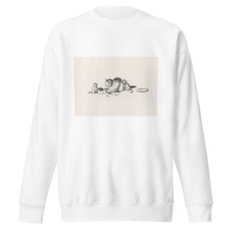 Domestic cat napping with three playful kittens and a saucer on the right by Gottfried Mind Sweatshirt