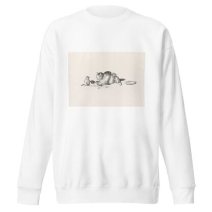 Domestic cat napping with three playful kittens and a saucer on the right by Gottfried Mind Sweatshirt