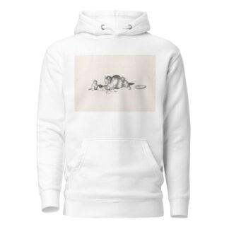 Domestic cat napping with three playful kittens and a saucer on the right by Gottfried Mind Hoodie