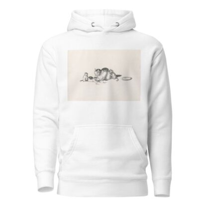 Domestic cat napping with three playful kittens and a saucer on the right by Gottfried Mind Hoodie