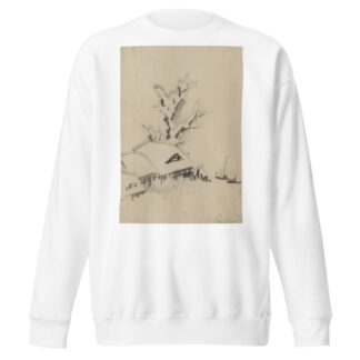 Buildings and large tree on the waterfront, with two boats anchored offshore by Katsushika Hokusai Sweatshirt