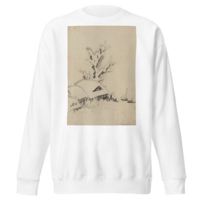Buildings and large tree on the waterfront, with two boats anchored offshore by Katsushika Hokusai Sweatshirt