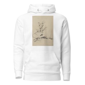 Buildings and large tree on the waterfront, with two boats anchored offshore by Katsushika Hokusai Hoodie