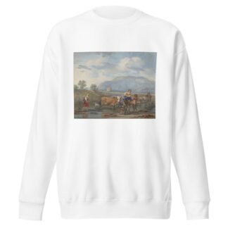 Hirten treiben Kühe durch ein Wasser, links trägt eine Frau ihr Kind auf dem Rücken, rechs reitet eine andere auf einem Esel by Aert Schouman Sweatshirt
