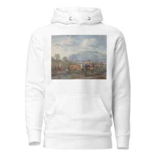Hirten treiben Kühe durch ein Wasser, links trägt eine Frau ihr Kind auf dem Rücken, rechs reitet eine andere auf einem Esel by Aert Schouman Hoodie