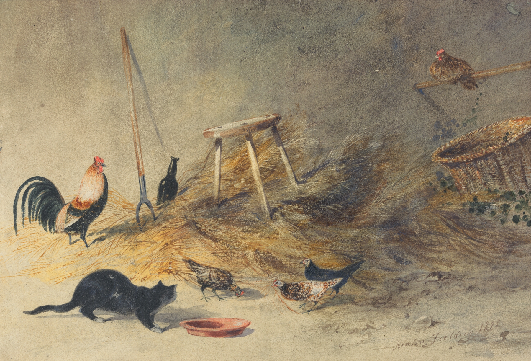 A Cat and Chickens by Newton Limbird Smith Fielding