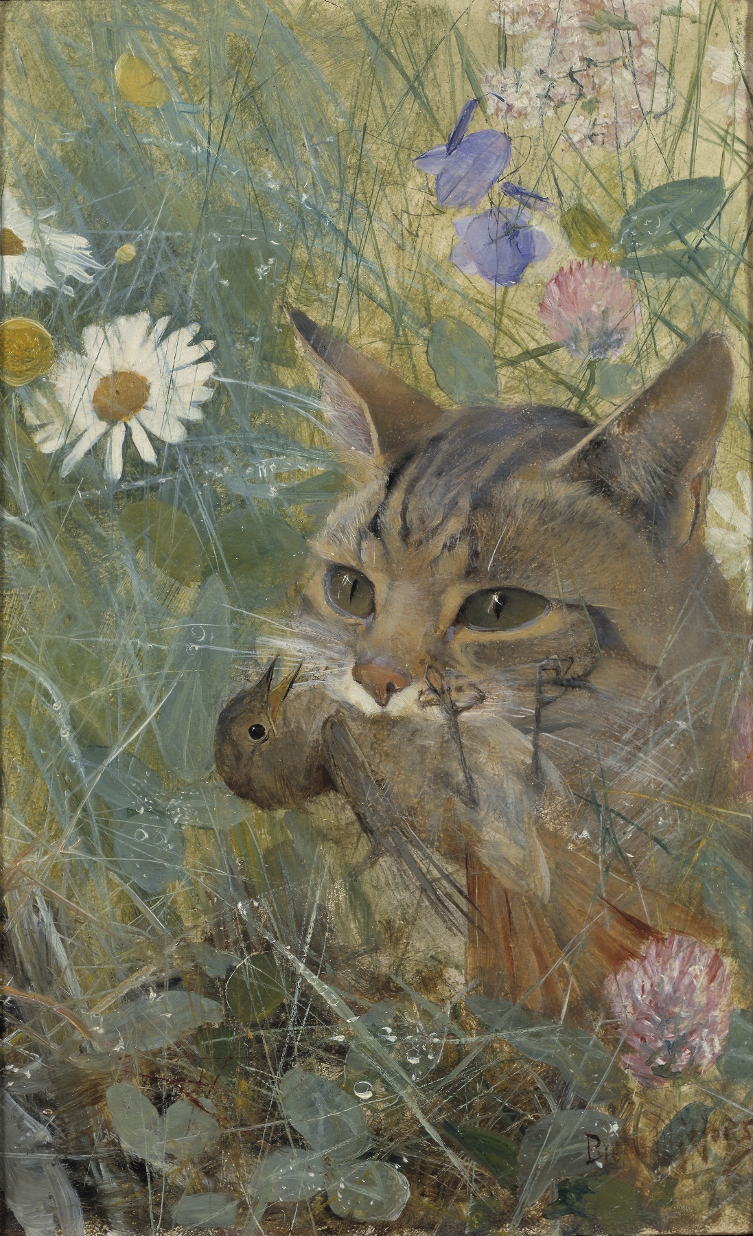 A Cat with a Young Bird in its Mouth by Bruno Liljefors