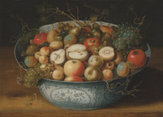 A Chinese bowl with apples, plumbs, grapes and nuts by Osias Beert the Elder