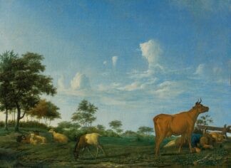 A cow, sheep and goats in a meadow with a shepherd asleep by Adriaen van de Velde