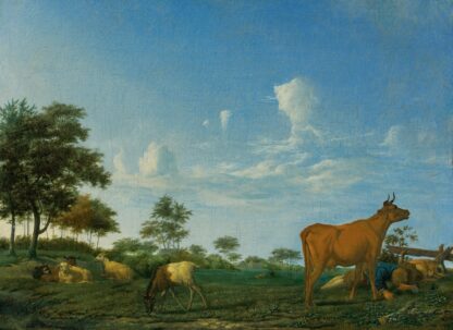 A cow, sheep and goats in a meadow with a shepherd asleep by Adriaen van de Velde