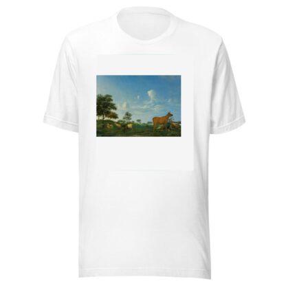 A cow, sheep and goats in a meadow with a shepherd asleep by Adriaen van de Velde T-Shirt