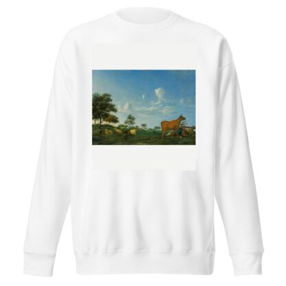 A cow, sheep and goats in a meadow with a shepherd asleep by Adriaen van de Velde Sweatshirt