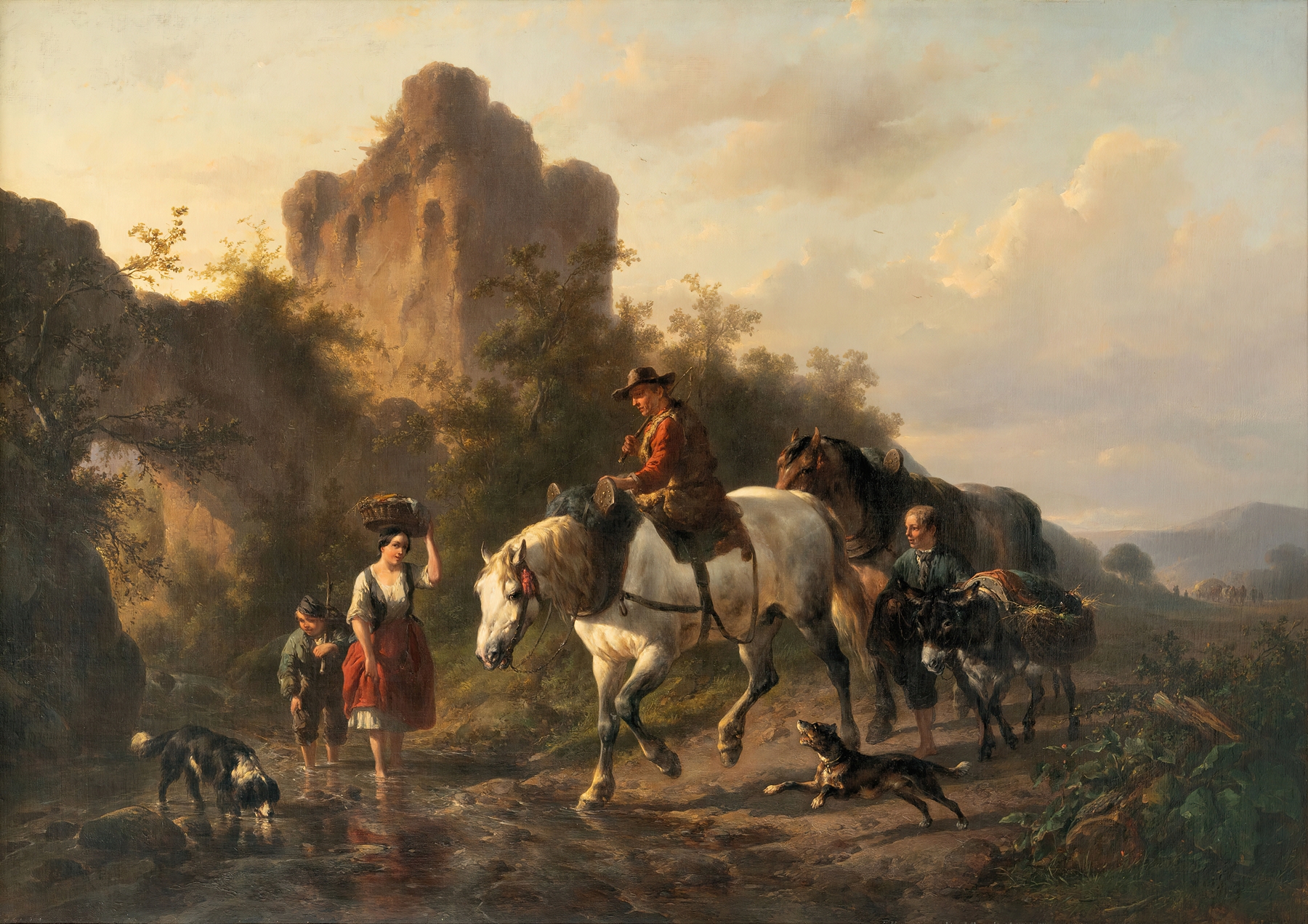 A driver with his family fording a stream by Wouterus Verschuur
