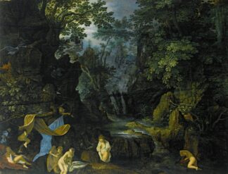 A Forest Landscape With Bathing Nymphs And Leda And The Swan by Roelant Savery