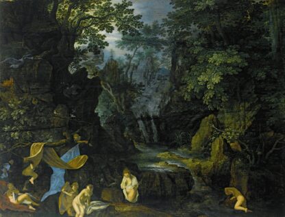 A Forest Landscape With Bathing Nymphs And Leda And The Swan by Roelant Savery