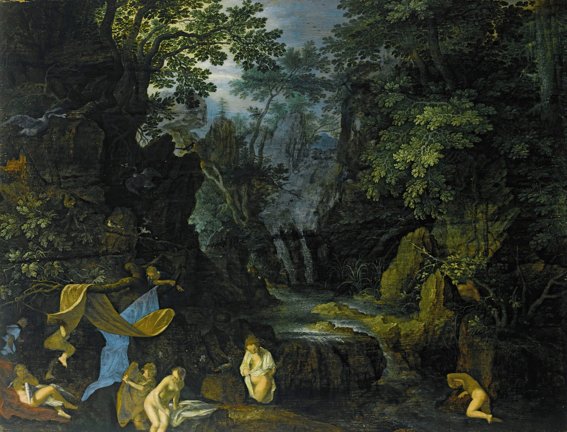 A Forest Landscape With Bathing Nymphs And Leda And The Swan by Roelant Savery