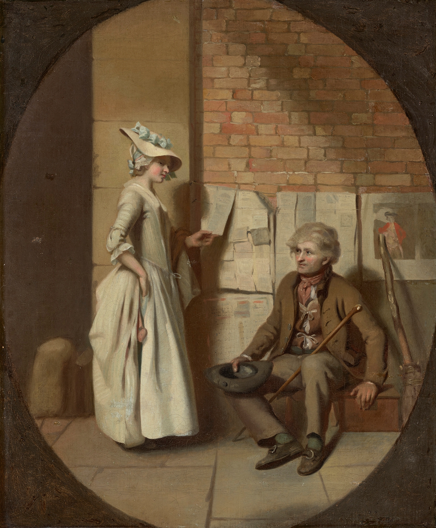 A girl buying a ballad, in a feigned oval by Henry Walton