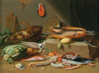 A kitchen still life with fish, vegetables and a cat by Pseudo Jan van Kessel II