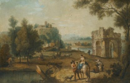 A Landscape With A Roman Ruin And Figures Resting Beside A Stream by Giuseppe Zais