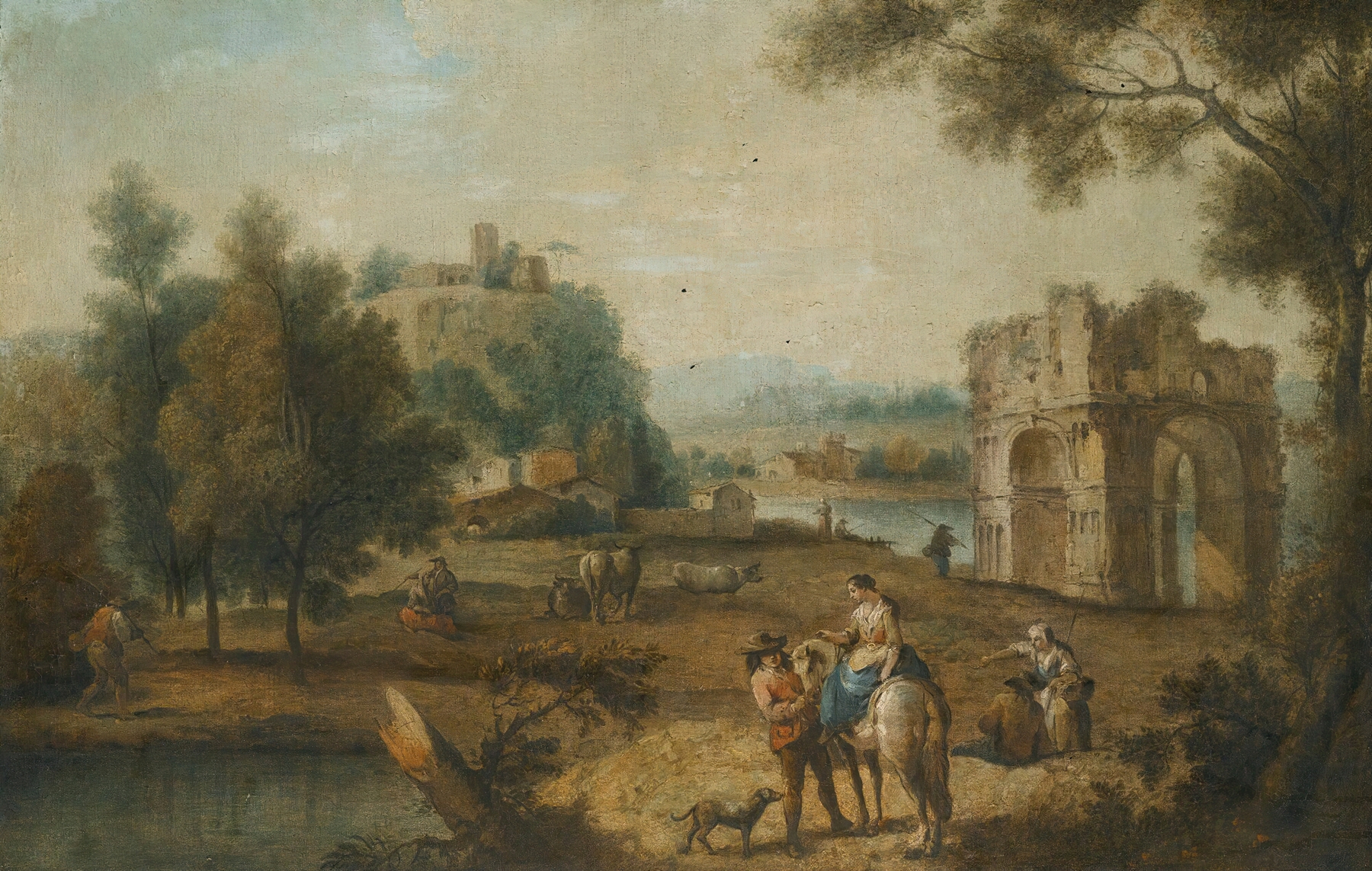 A Landscape With A Roman Ruin And Figures Resting Beside A Stream by Giuseppe Zais