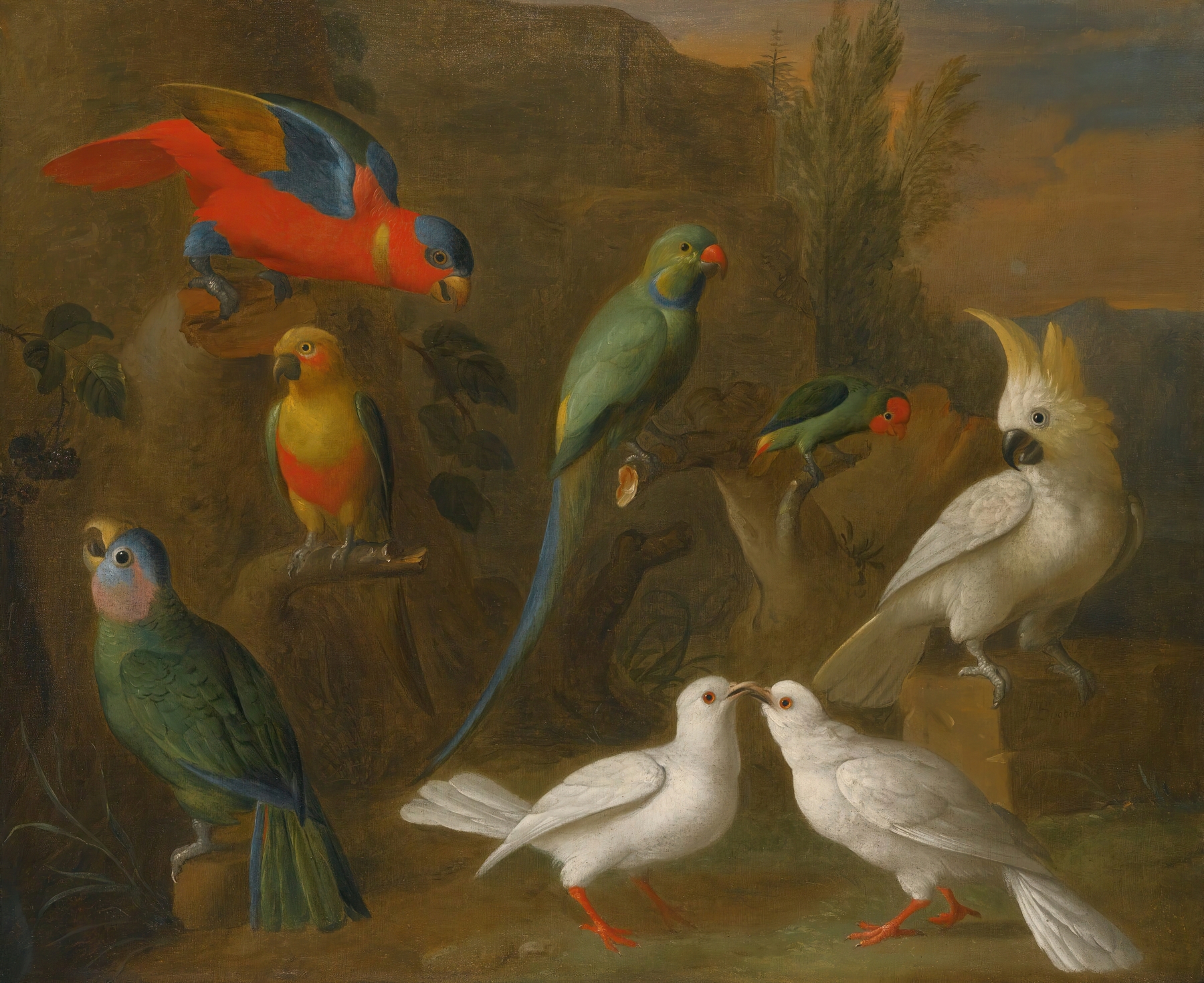 A Landscape With Exotic Birds Including Parrots, Parakeets, Turtle Doves And Cockatoos by Circle of Tobias Stranover