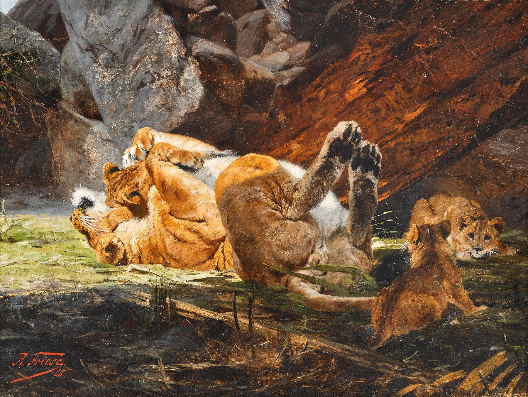 A lioness with playing cubs by Richard Friese