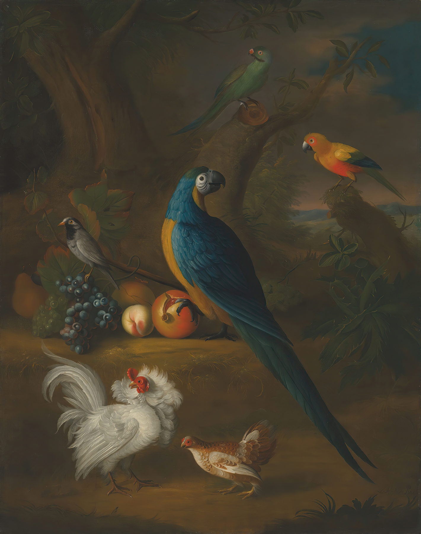 A macaw and other birds in a landscape by Leonard Hübner