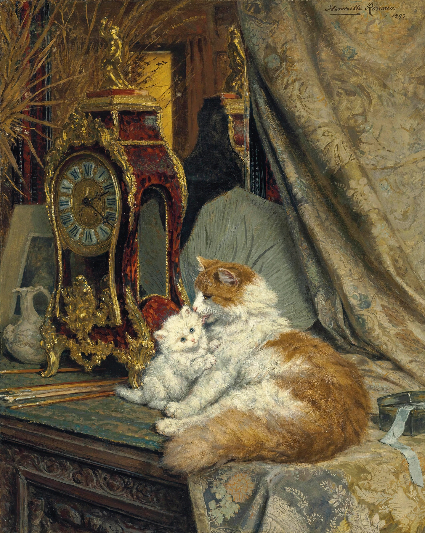 A Mother Cat and her Kitten with a Bracket Clock by Henriëtte Ronner-Knip