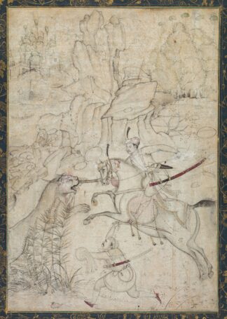 A Mounted Prince Hunting Lion in a Rocky Landscape by Khem Karan