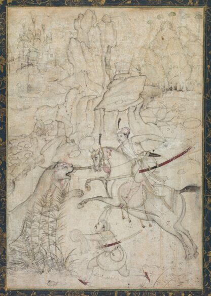 A Mounted Prince Hunting Lion in a Rocky Landscape by Khem Karan