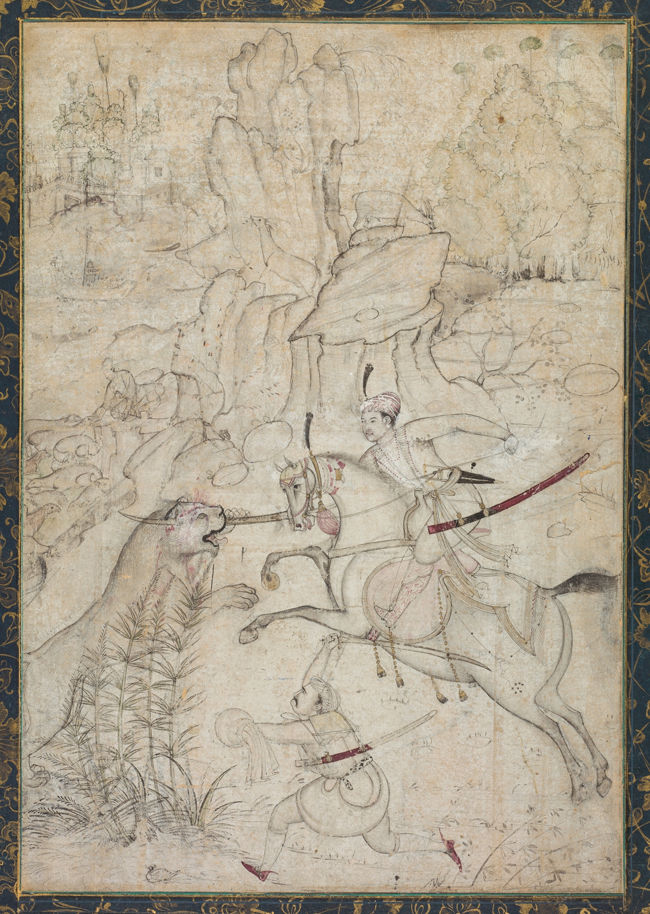 A Mounted Prince Hunting Lion in a Rocky Landscape by Khem Karan