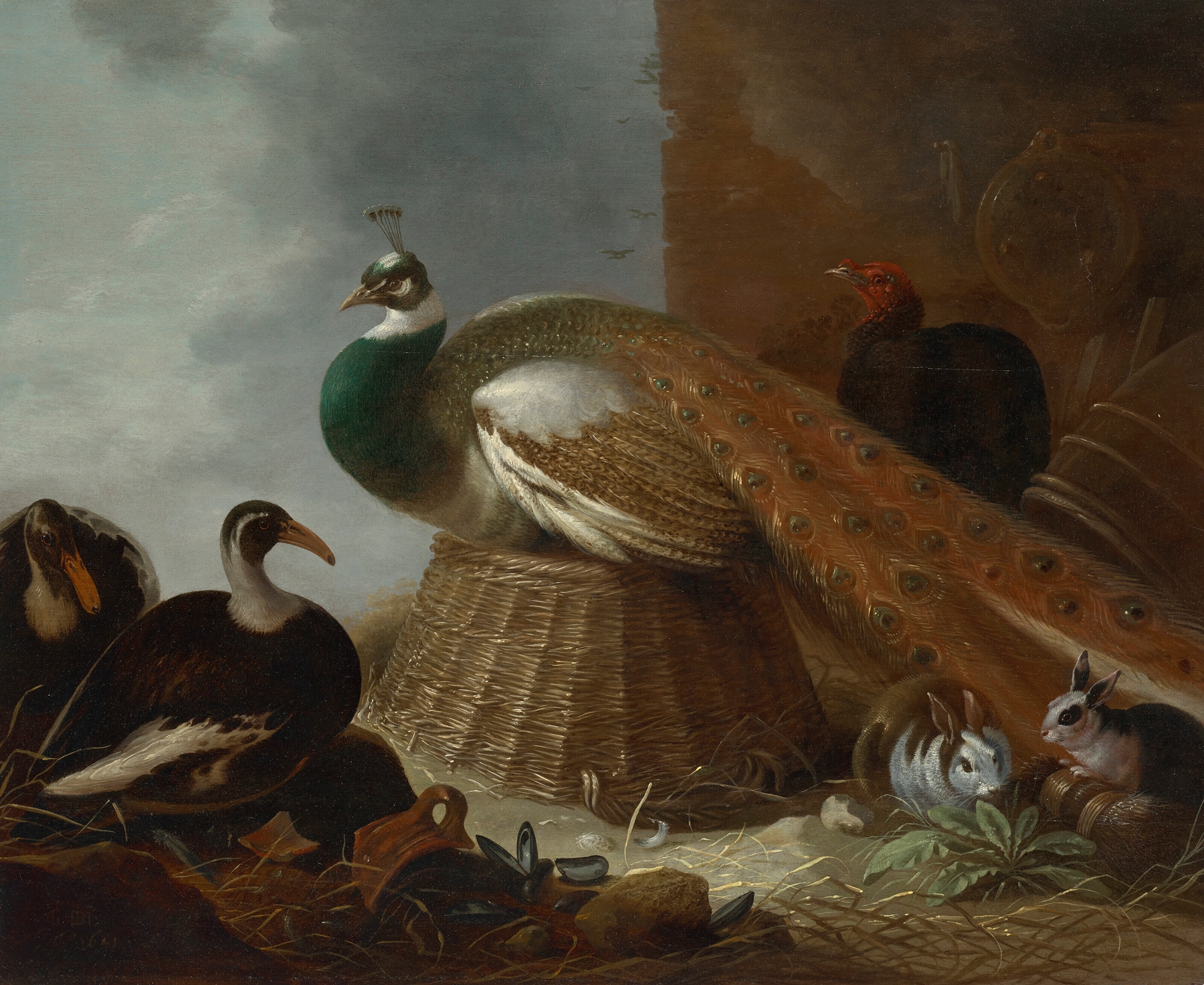 A peacock, a pair of ducks, rabbits and a turkey in a landscape by Gijsbert Gillisz. de Hondecoeter
