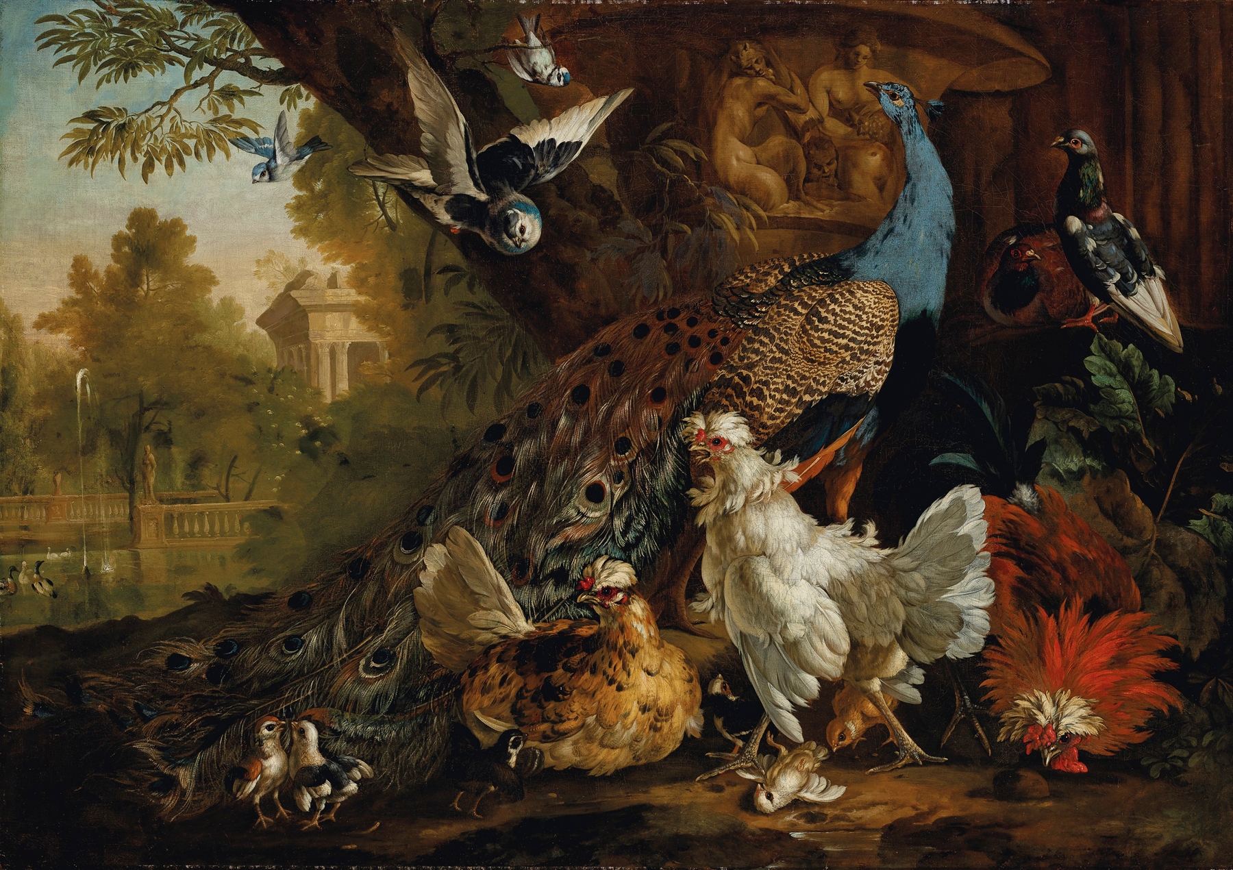 A peacock, chickens, pigeons and other birds in a landscape by Pieter Casteels III