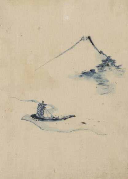 A person in a small boat on a river with Mount Fuji in the background by Katsushika Hokusai